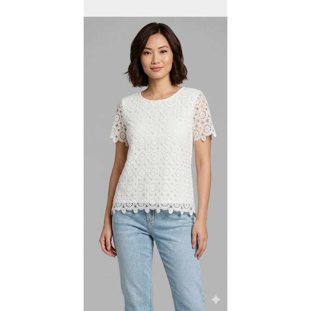 Jones New York NYC White Crochet Lace Short Sleeve Blouse Top Large NWT 10929529